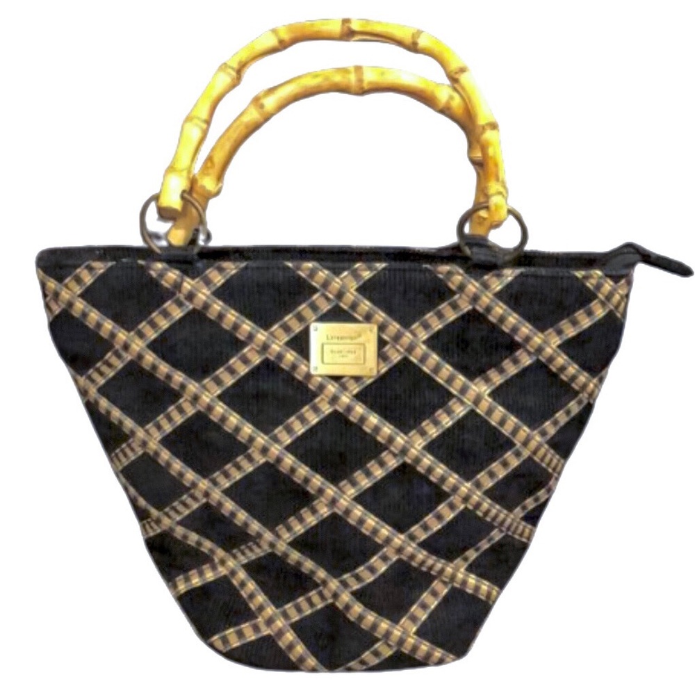 LONGABERGER Bamboo Handles Black Corduroy with Diamond Pattern Overlay Tote Bag